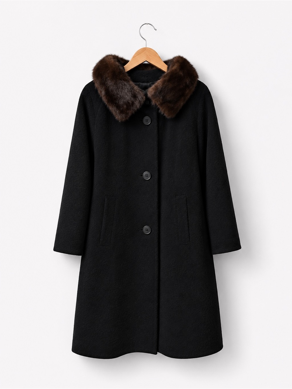 Vintage 50s 60s Black Coat with Brown Fur Collar - Women